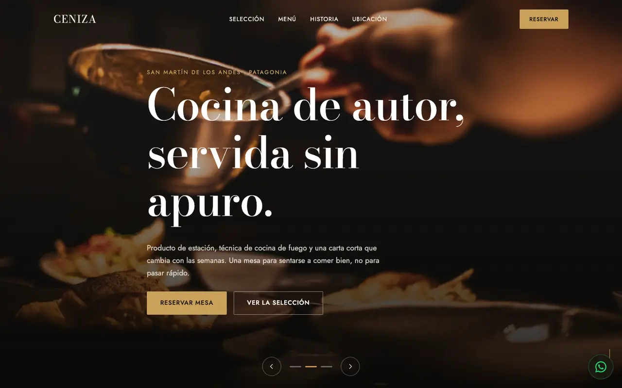 Captura de Ceniza, sitio de restaurante con fondo oscuro y fotos de platos