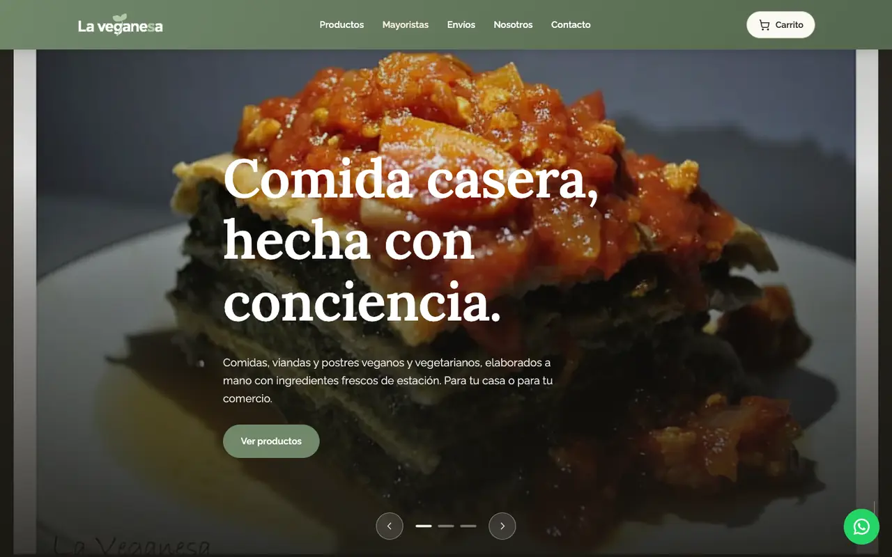 Captura del sitio de La Veganesa con su catálogo de viandas veganas